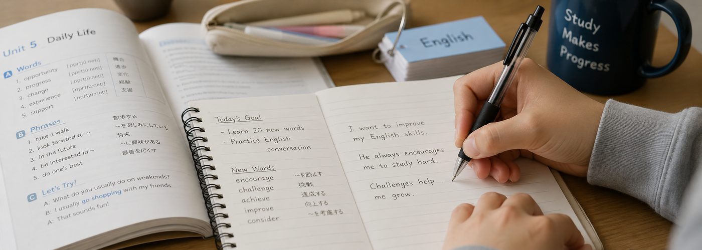 英語のノートに書き込みながら勉強する様子